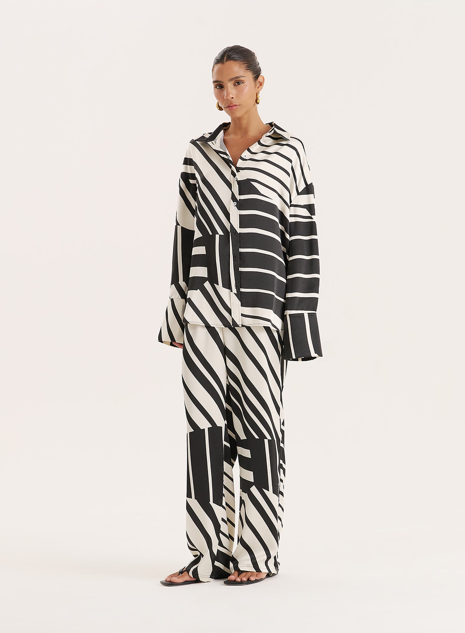 Black And White Abstract Print Satin Shirt